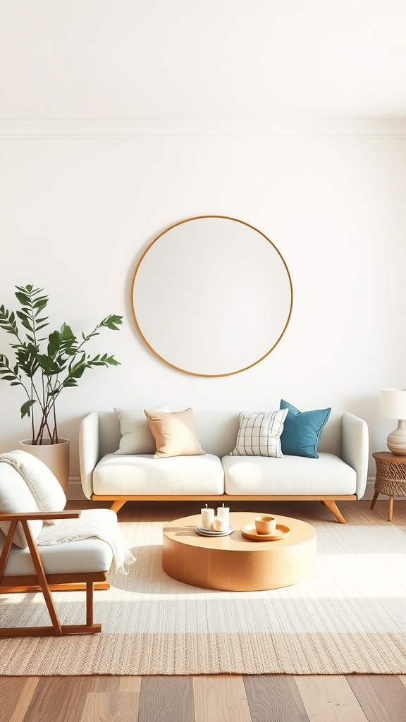 A cozy living room featuring a round mirror above a sofa, with a potted plant and a circular coffee table.