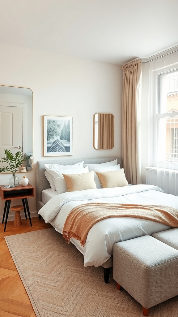 A cozy bedroom featuring mirrors, soft colors, and a warm blanket.