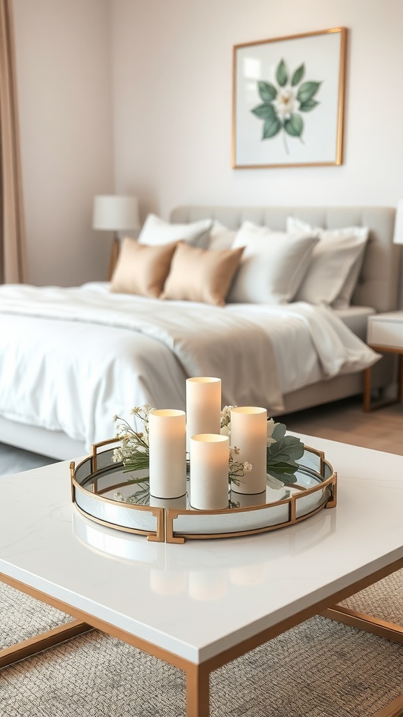 A decorative mirror tray with candles and greenery on a coffee table in a stylish bedroom setting.