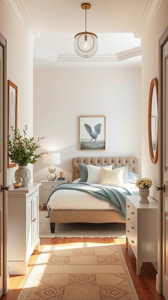 A cozy bedroom featuring layered mirrors, soft decor, and natural light.