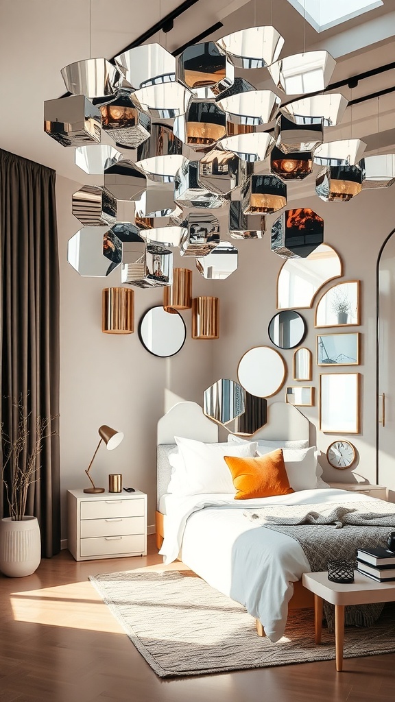 A stylish bedroom featuring a unique arrangement of mirrored art pieces above the bed, reflecting light and adding depth to the space.