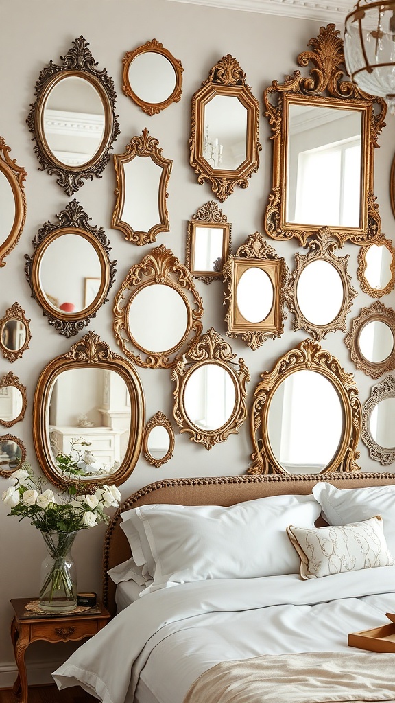A wall display of various vintage frame mirrors in ornate designs, with a cozy bed and flowers in a vase.