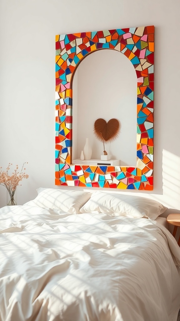 A colorful mirror mosaic art piece above a bed, featuring various tiles in bright colors.