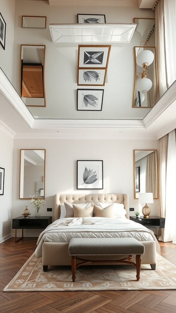 A stylish bedroom with a mirrored ceiling reflecting light and artwork.