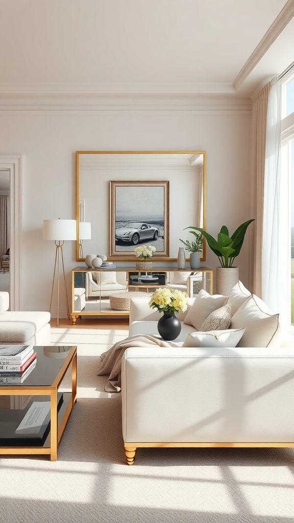 A bright living room featuring mirrored furniture accents, including a large gold-framed mirror and a stylish coffee table.