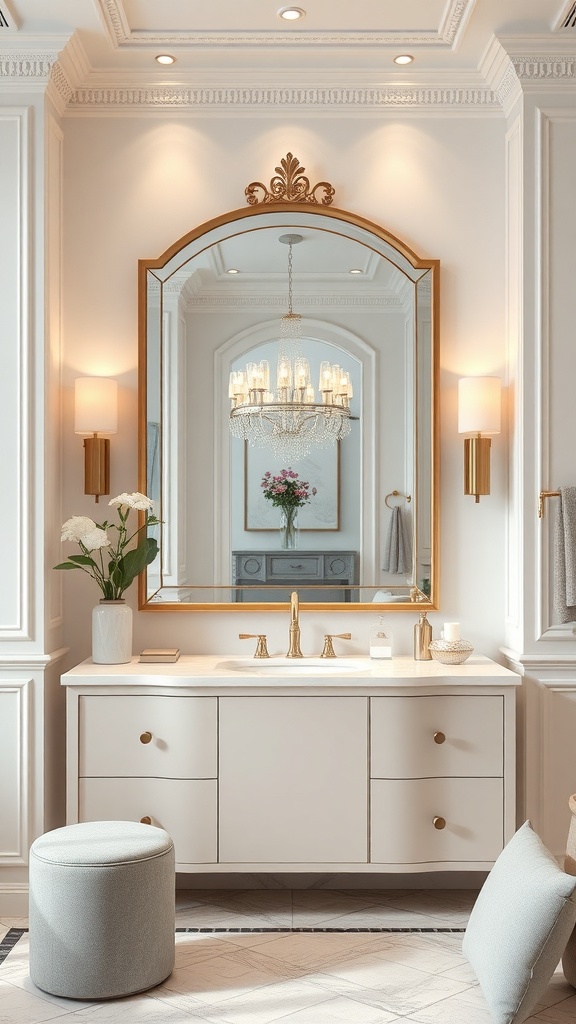 Elegant bathroom with a large ornate mirror, chandelier, and stylish decor.