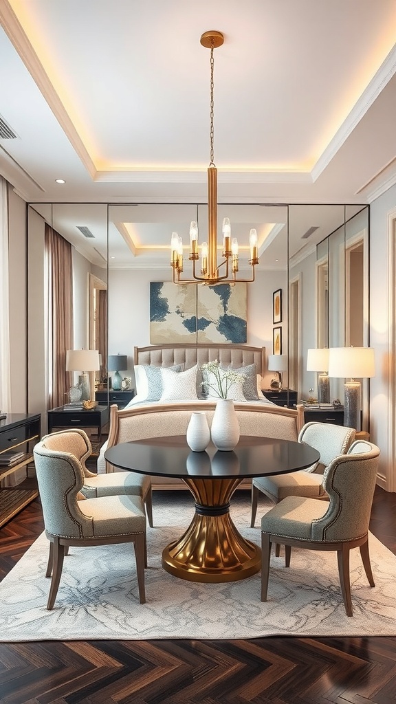 A stylish bedroom featuring mirrored wall panels, elegant furniture, and soft lighting.