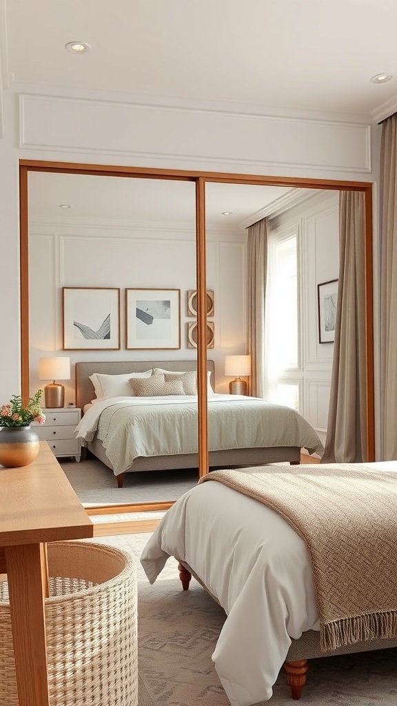 A cozy bedroom featuring mirrored closet doors, soft bedding, and warm lighting.