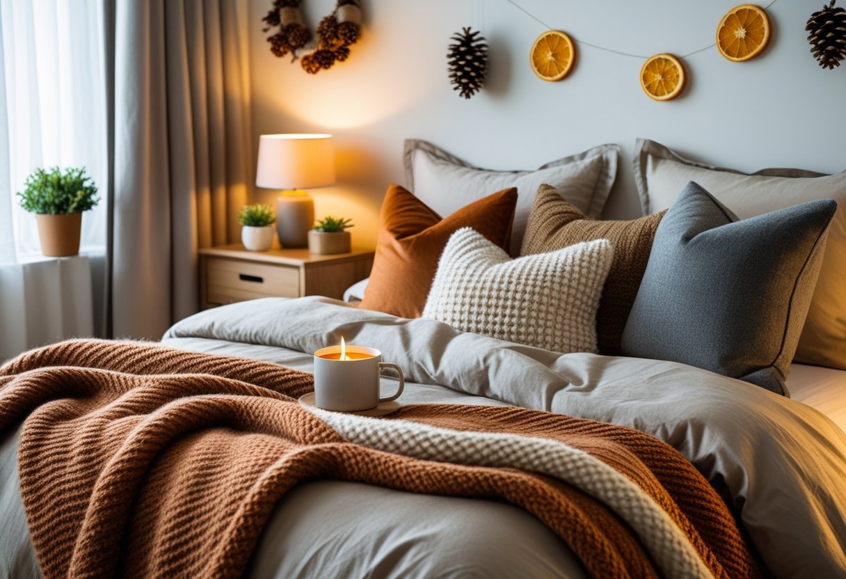 A cozy bedroom with a bed made using existing sheets, a warm knit throw blanket, plush pillows, a nightstand with a plant, candle, and mug, and soft natural light coming through curtains.