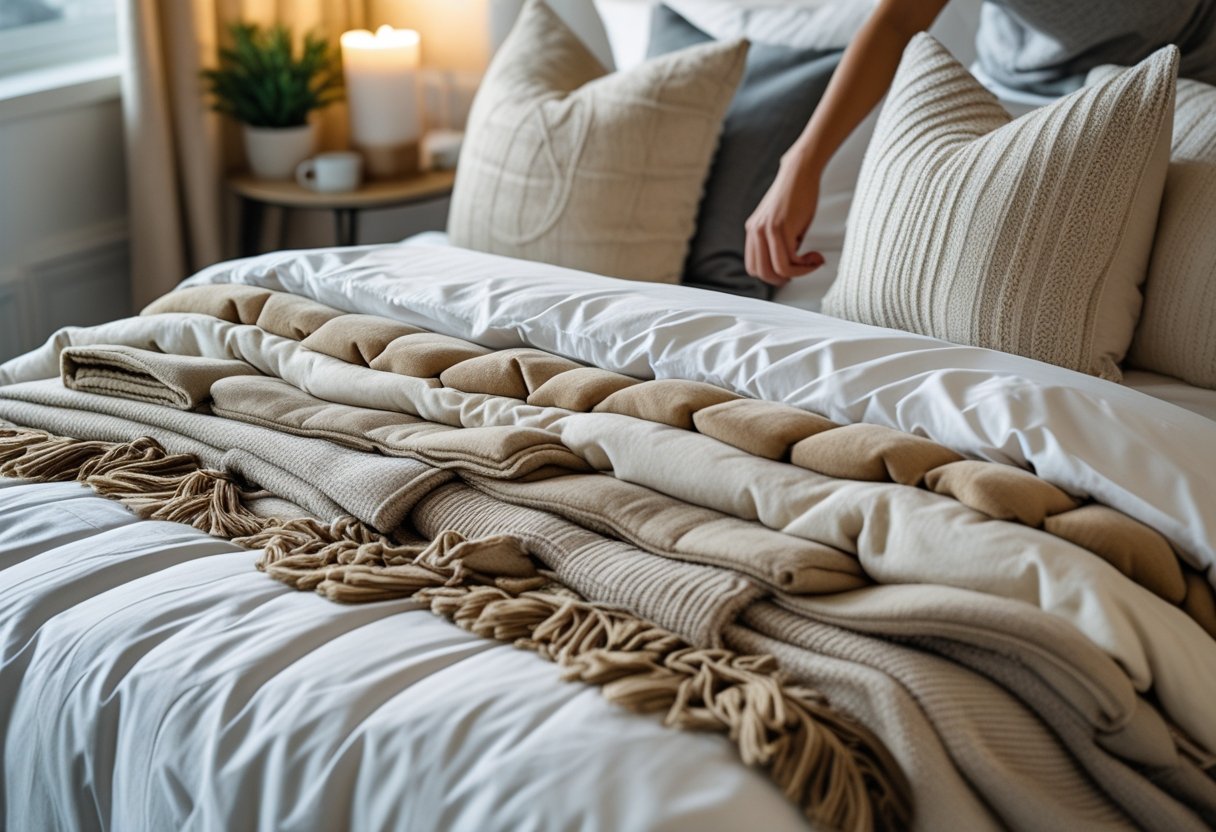 A person adjusting layered blankets and pillows on a neatly made bed in a cozy bedroom with natural light.