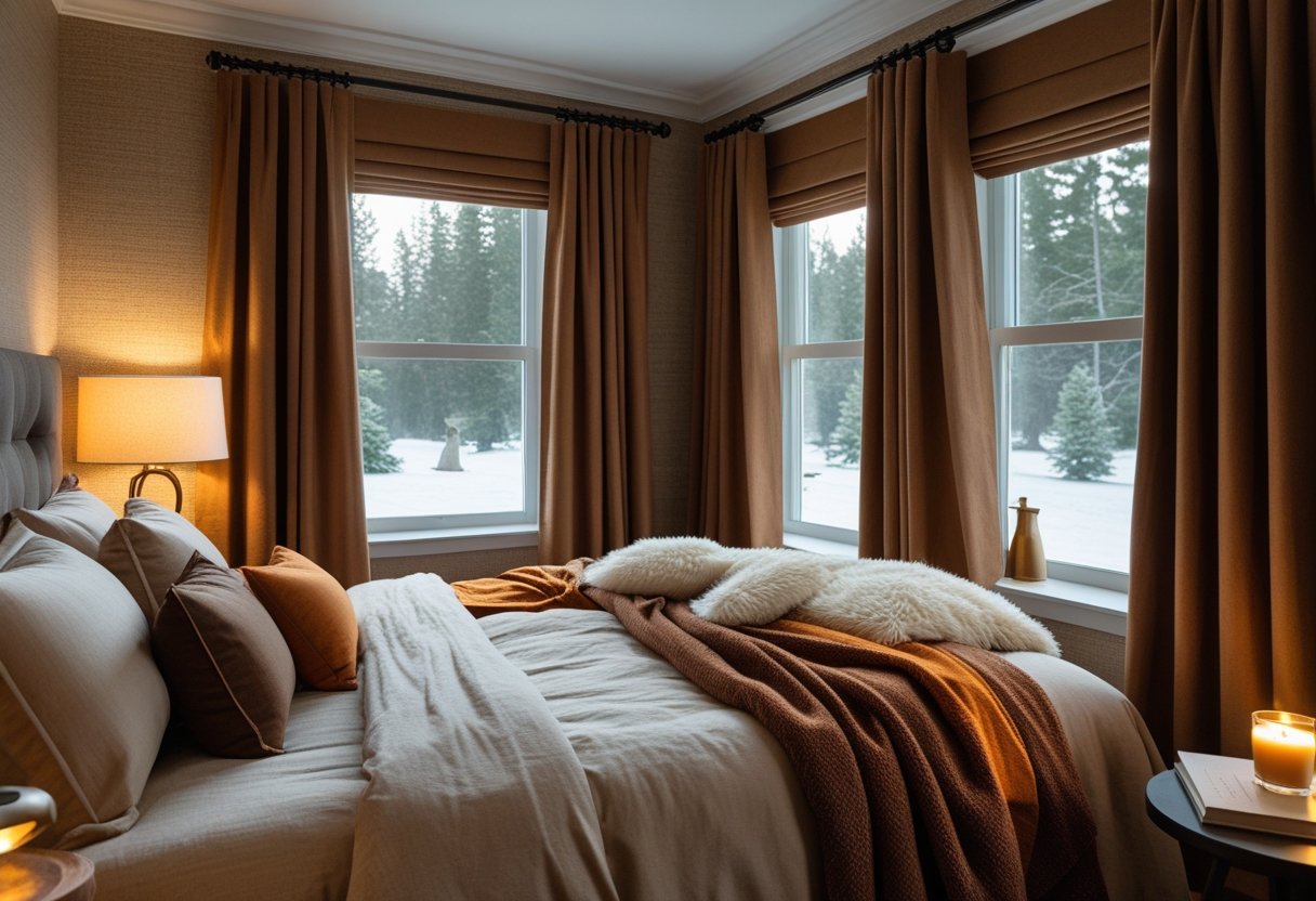 A bedroom with layered blankets and thick curtains, softly lit with natural light coming through a window showing snow outside.