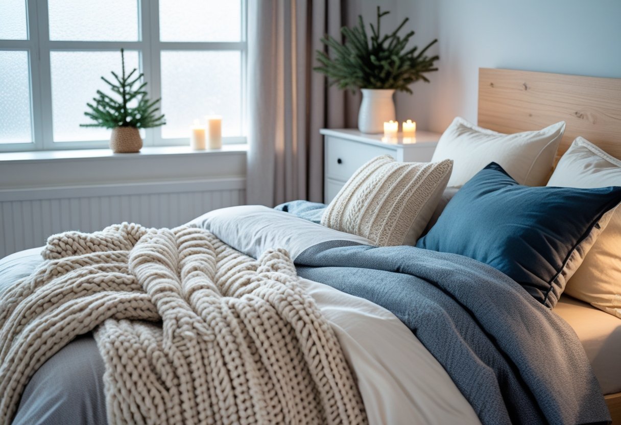 A tidy bedroom with a made bed featuring neutral bedding, warm textured throws and pillows, natural light coming through frosted windows, and minimal winter decor.