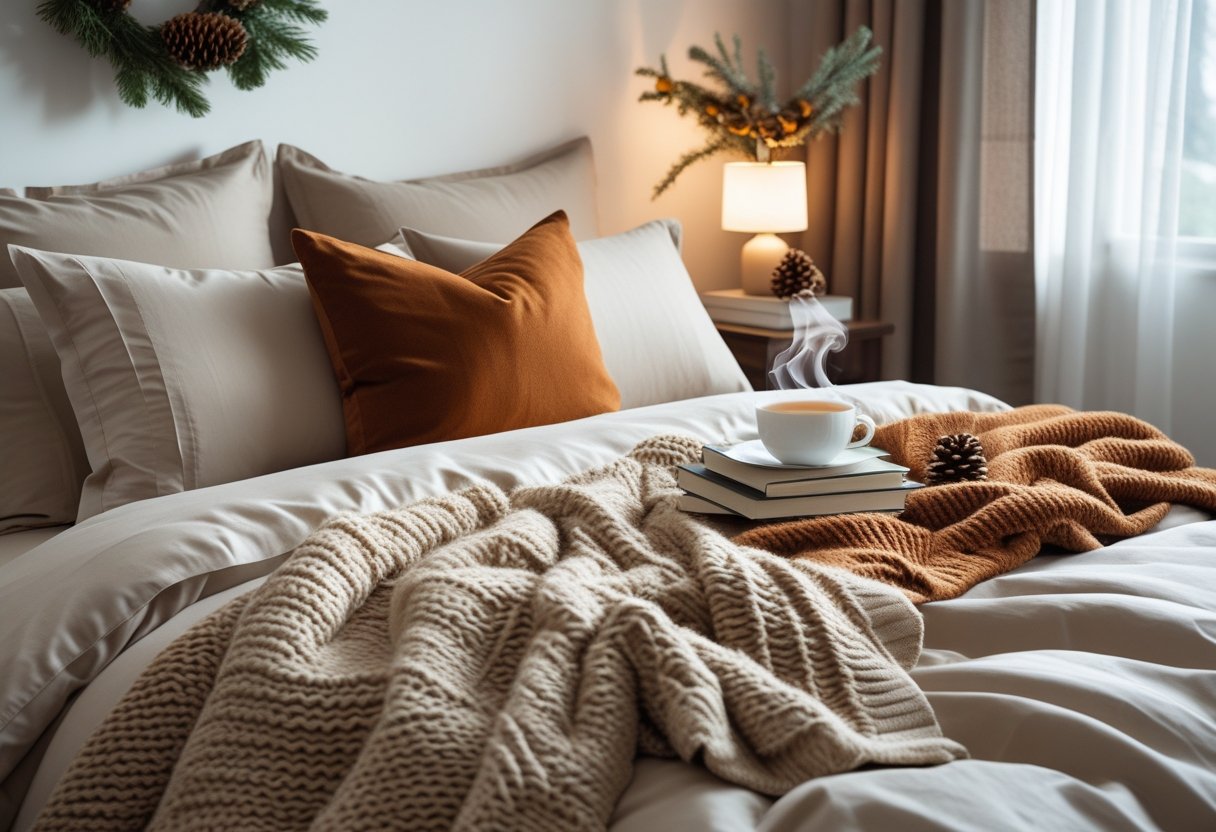A cozy bedroom with warm blankets and throws on the bed, a bedside table with a cup of tea and books, and soft natural light coming through a window with sheer curtains.