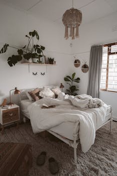 Inviting bedroom with cozy Scandinavian decor, featuring a lush indoor plant and textured bedding.